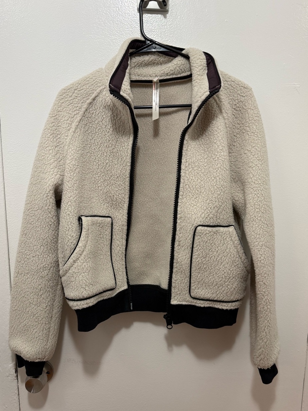 Free People Cream Teddy Sherpa Jacket with Black Trim